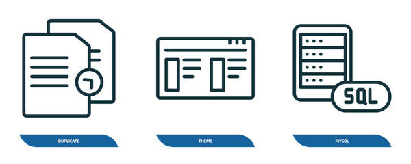 Wall Mural - set of 3 linear icons from programming concept. outline icons such as duplicate, theme, mysql vector