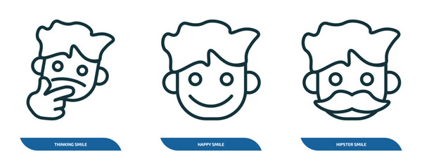 Wall Mural - set of 3 linear icons from people concept. outline icons such as thinking smile, happy smile, hipste