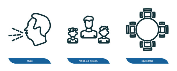 set of 3 linear icons from people concept. outline icons such as cough, father and children, round table vector