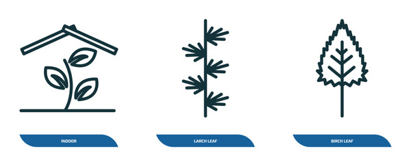Wall Mural - set of 3 linear icons from nature concept. outline icons such as indoor, larch leaf, birch leaf vect