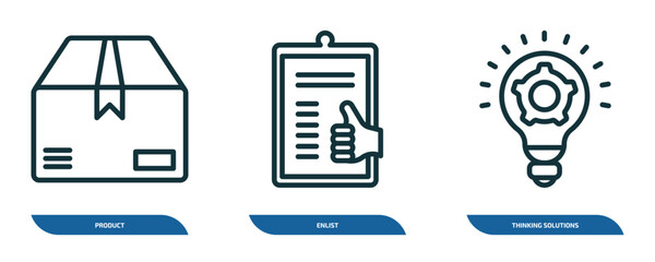 Wall Mural - set of 3 linear icons from miscellaneous concept. outline icons such as product, enlist, thinking so
