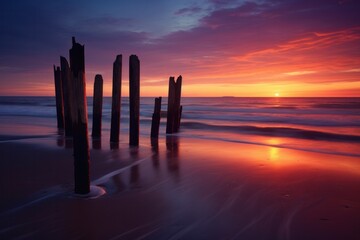 wooden poles on the beach at sunset