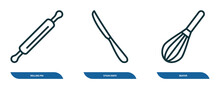Set Of 3 Linear Icons From Kitchen Concept. Outline Icons Such As Rolling Pin, Steak Knife, Beater Vector
