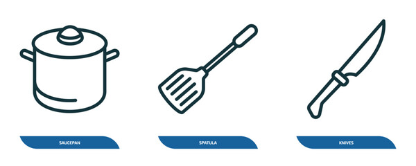 Wall Mural - set of 3 linear icons from kitchen concept. outline icons such as saucepan, spatula, knives vector