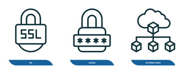 Wall Mural - set of 3 linear icons from internet security concept. outline icons such as ssl, locked, network cubes vector