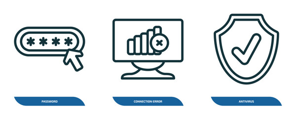 Wall Mural - set of 3 linear icons from internet security concept. outline icons such as password, connection err