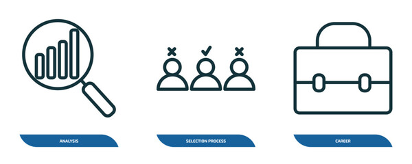 Wall Mural - set of 3 linear icons from human resources concept. outline icons such as analysis, selection proces