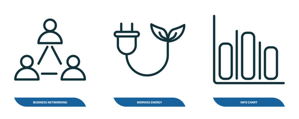 Wall Mural - set of 3 linear icons from general concept. outline icons such as business networking, biomass energ