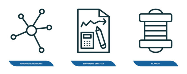 Wall Mural - set of 3 linear icons from general concept. outline icons such as advertising networks, ecommerce st