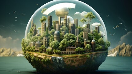 Wall Mural - symbolic 3d image of the globe with elements of human activity and nature landscape. eliminate waste