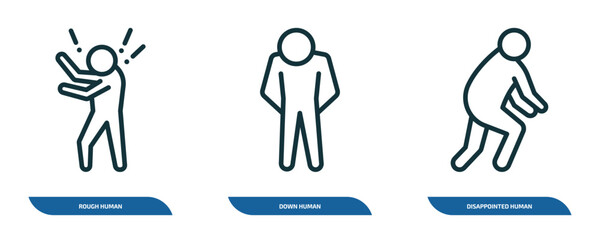 Wall Mural - set of 3 linear icons from feelings concept. outline icons such as rough human, down human, disappoi