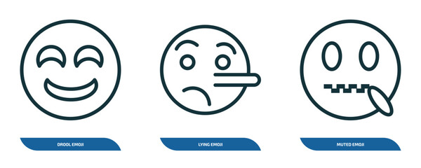 Wall Mural - set of 3 linear icons from emoji concept. outline icons such as drool emoji, lying emoji, muted vect