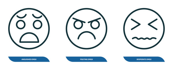Wall Mural - set of 3 linear icons from emoji concept. outline icons such as anguished emoji, pouting emoji, desp