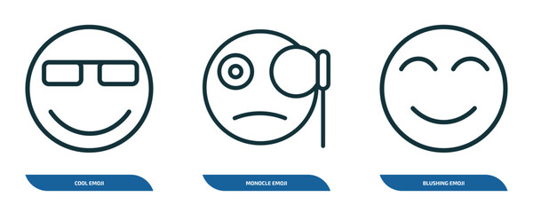 Wall Mural - set of 3 linear icons from emoji concept. outline icons such as cool emoji, monocle emoji, blushing 