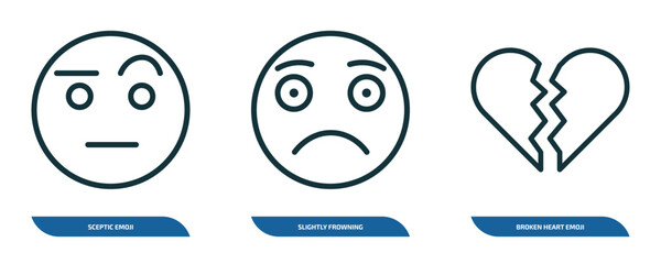 Wall Mural - set of 3 linear icons from emoji concept. outline icons such as sceptic emoji, slightly frowning emo