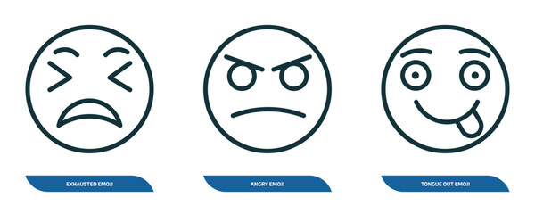 Wall Mural - set of 3 linear icons from emoji concept. outline icons such as exhausted emoji, angry emoji, tongue