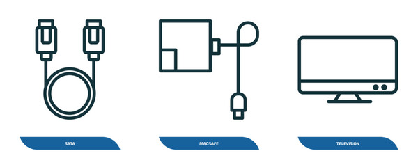 Wall Mural - set of 3 linear icons from electronic devices concept. outline icons such as sata, magsafe, televisi