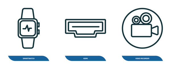 Wall Mural - set of 3 linear icons from electronic devices concept. outline icons such as smartwatch, hdmi, video