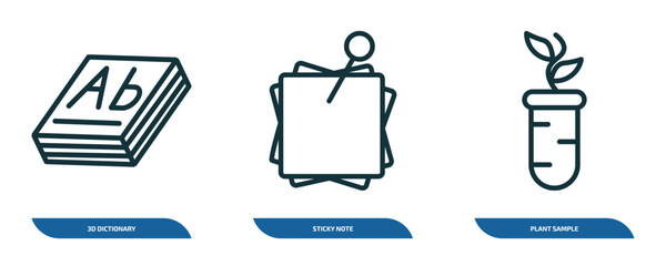 Wall Mural - set of 3 linear icons from education concept. outline icons such as 3d dictionary, sticky note, plan