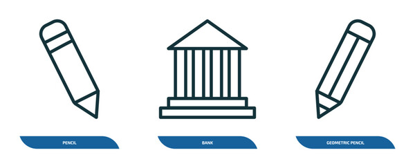 Wall Mural - set of 3 linear icons from education concept. outline icons such as pencil, bank, geometric pencil v