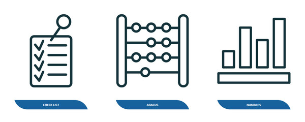 Wall Mural - set of 3 linear icons from education collection. concept. outline icons such as check list, abacus, 