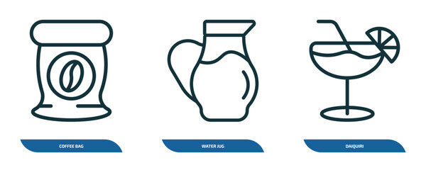 set of 3 linear icons from drinks concept. outline icons such as coffee bag, water jug, daiquiri vector