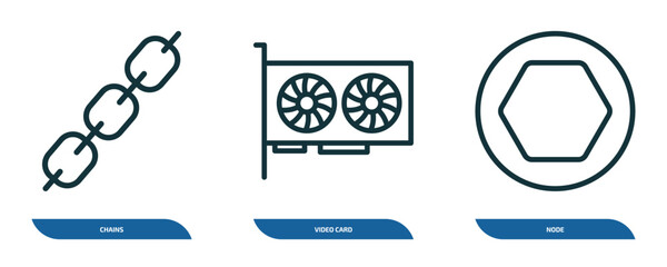 Wall Mural - set of 3 linear icons from cryptocurrency concept. outline icons such as chains, video card, node ve