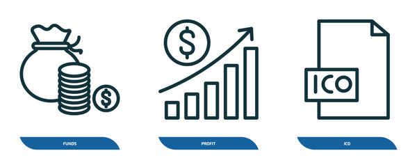 Wall Mural - set of 3 linear icons from blockchain concept. outline icons such as funds, profit, ico vector