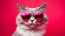Stylish Fluffy Cat In Sunglasses In The Form Of Hearts On A Pink Background, The Concept Of Valentine's Day