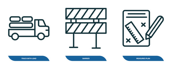 Wall Mural - set of 3 linear icons from construction concept. outline icons such as truck with load, barrier, mea