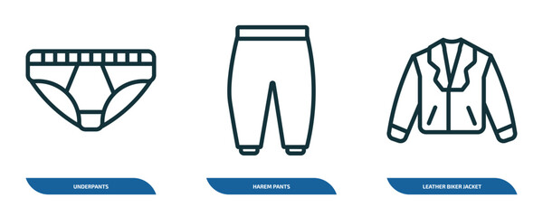 set of 3 linear icons from clothes concept. outline icons such as underpants, harem pants, leather biker jacket vector