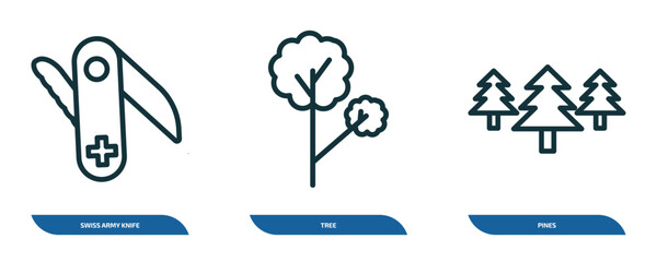 Wall Mural - set of 3 linear icons from camping collection. concept. outline icons such as swiss army knife, tree
