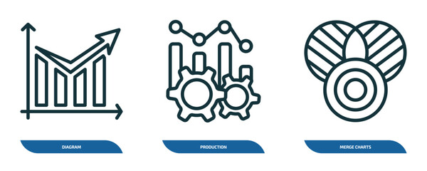 Wall Mural - set of 3 linear icons from business and analytics concept. outline icons such as diagram, production, merge charts vector