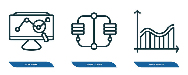 Wall Mural - set of 3 linear icons from business and analytics concept. outline icons such as stock market, conne