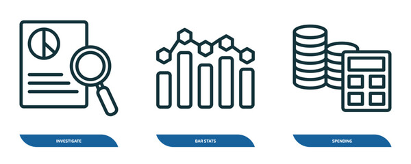 Wall Mural - set of 3 linear icons from business and finance concept. outline icons such as investigate, bar stat