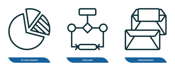 Wall Mural - set of 3 linear icons from business and analytics concept. outline icons such as pie chart diagram, 