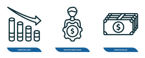 Wall Mural - set of 3 linear icons from business concept. outline icons such as marketing chart, man with money g
