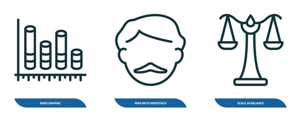 Wall Mural - set of 3 linear icons from business concept. outline icons such as bars graphic, man with moustach, 