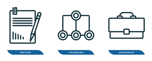 Wall Mural - set of 3 linear icons from business concept. outline icons such as profit report, item connections, 