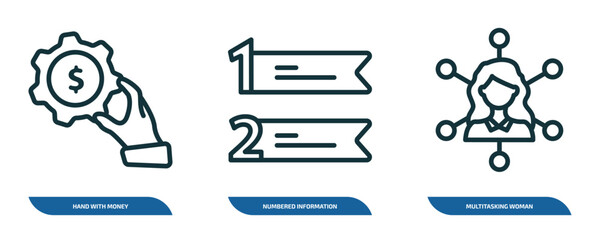 Wall Mural - set of 3 linear icons from business concept. outline icons such as hand with money gear, numbered in