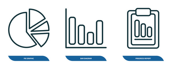 Wall Mural - set of 3 linear icons from business concept. outline icons such as pie graphic, bar diagram, progres