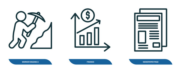 Wall Mural - set of 3 linear icons from business concept. outline icons such as worker digging a hole, finance, n