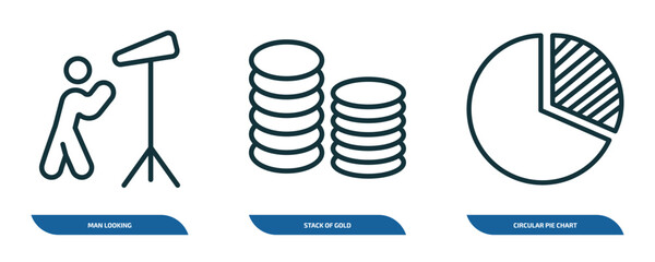 Wall Mural - set of 3 linear icons from business concept. outline icons such as man looking, stack of gold, circu