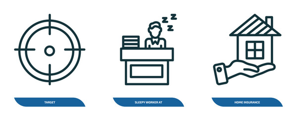 Wall Mural - set of 3 linear icons from business concept. outline icons such as target, sleepy worker at work, ho
