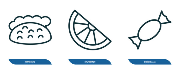 Wall Mural - set of 3 linear icons from bistro and restaurant concept. outline icons such as pita bread, half lem
