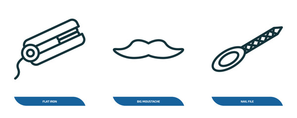 Wall Mural - set of 3 linear icons from beauty concept. outline icons such as flat iron, big moustache, nail file