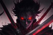 An anime villain with a menacingly dark aura, glowing red eyes, and a menacingly sharp blade in hand.Created with generative AI