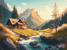 Visualize A Complex Vector Composition Of A Mountain Landscape At Dawn, With The Rising Sun Casting A Warm Glow On A Picturesque House Nestled Amid Verdant Slopes And Blooming Wildflowers.