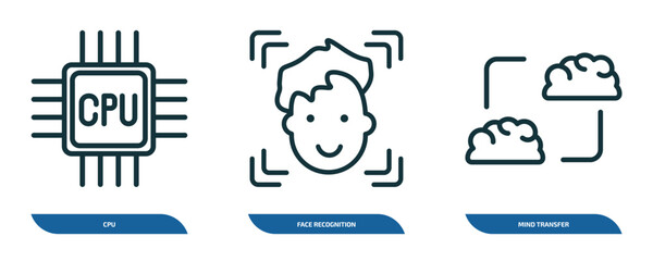 Wall Mural - set of 3 linear icons from artificial intellegence concept. outline icons such as cpu, face recognit