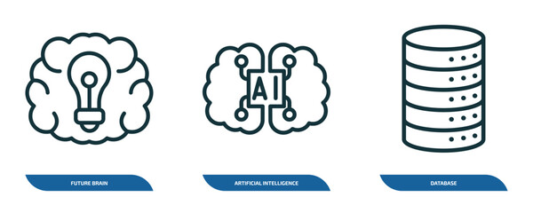 Wall Mural - set of 3 linear icons from artificial intellegence concept. outline icons such as future brain, arti